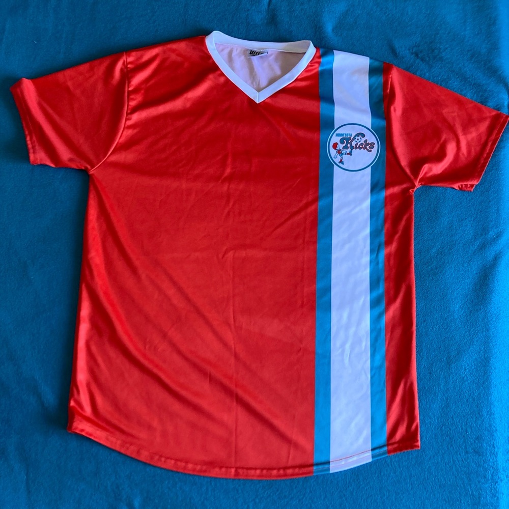 Minnesota Kicks Orange Soccer Jersey with White & Blue Stripe. Retro EUC